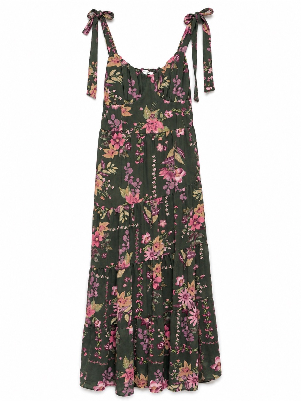 Francesca's Collections Olive Floral Tie-Shoulder midi Dress